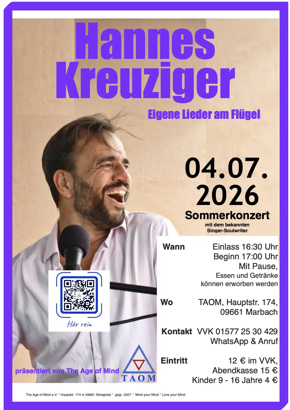 Konzert Hannes Kreuziger 04 07 2026 In Marbach Mit QR Code Sekunden